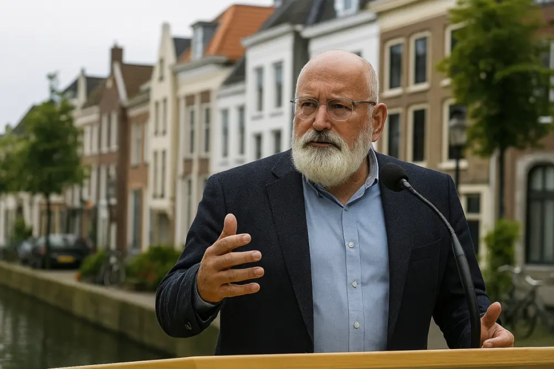 Frans Timmermans staat achter een houten spreekgestoelte in een Nederlandse stad, gekleed in een donkerblauw colbert en lichtblauw overhemd. Hij spreekt serieus en gebaart met zijn hand, met een rij grachtenpanden en een rustige waterweg op de achtergrond.